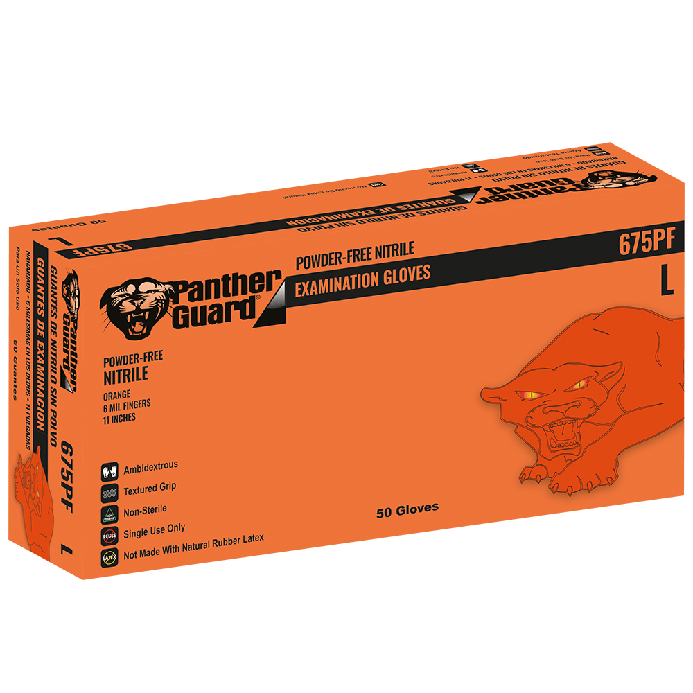 Panther-Guard® Heavyweight Nitrile, Powder-Free, Examination-Grade, High-Visibility Orange, 6-Mil, Textured Fingertips, Aloe-Coated Interior, 11-Inch Disposable Gloves - 675PF