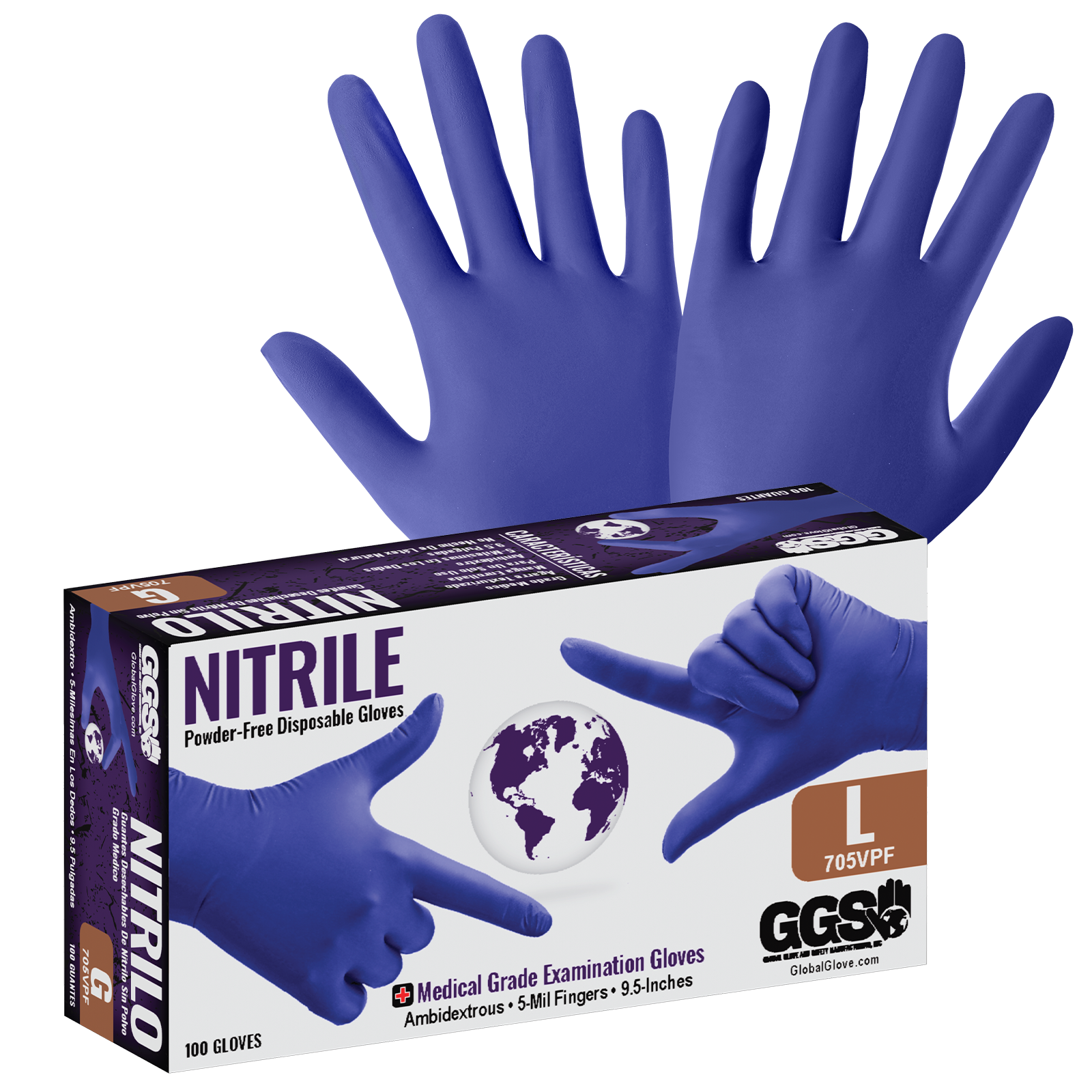 Nitrile, Powder-Free, Medical-Grade, Royal Blue, 5-Mil, Textured Fingertips, 9.5-Inch Disposable Examination Gloves - 705VPF