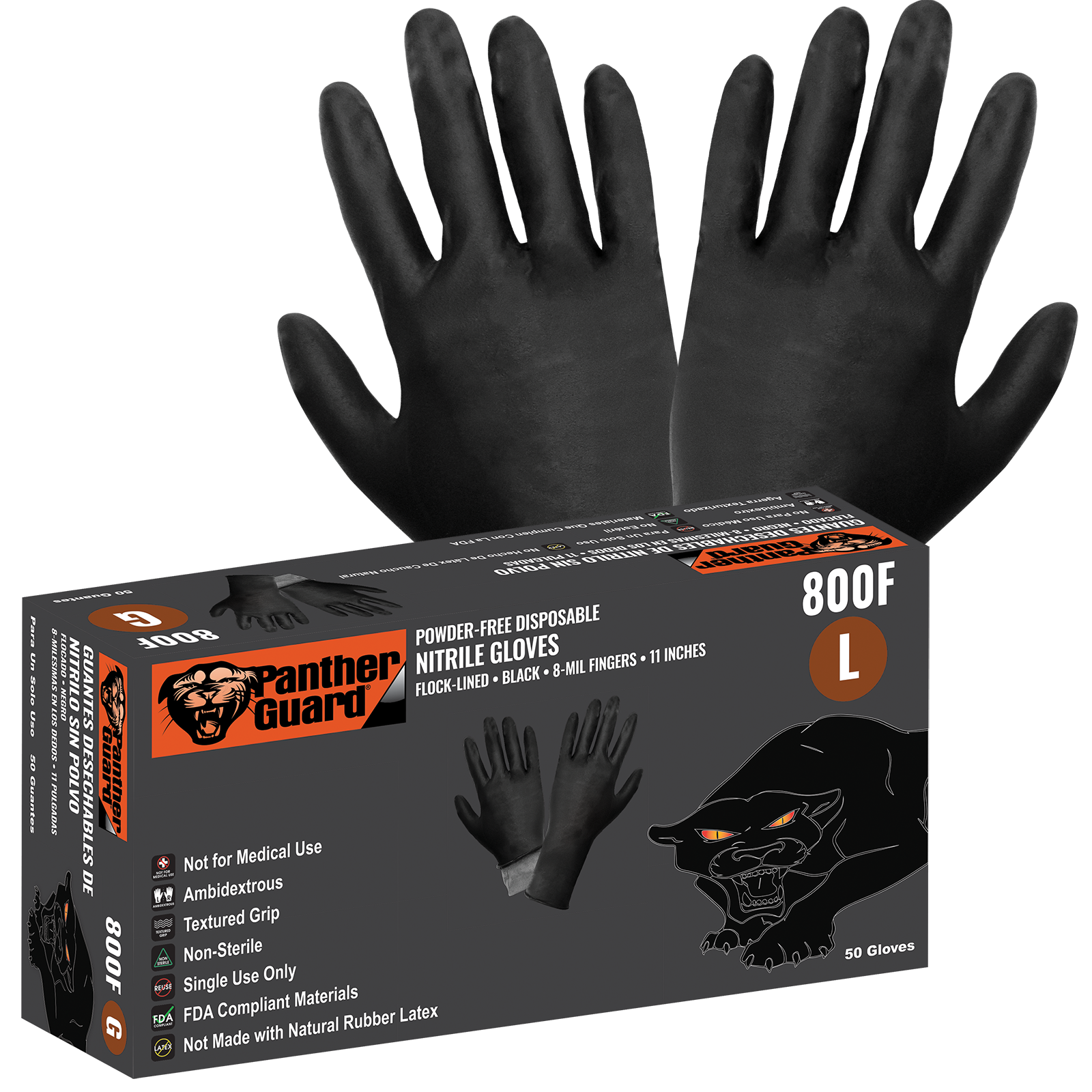 Panther-Guard® Heavyweight Nitrile, Powder-Free, Industrial-Grade, Black, 8-Mil, Flock Lined, Textured Fingertips, 11-Inch Disposable Gloves - 800F